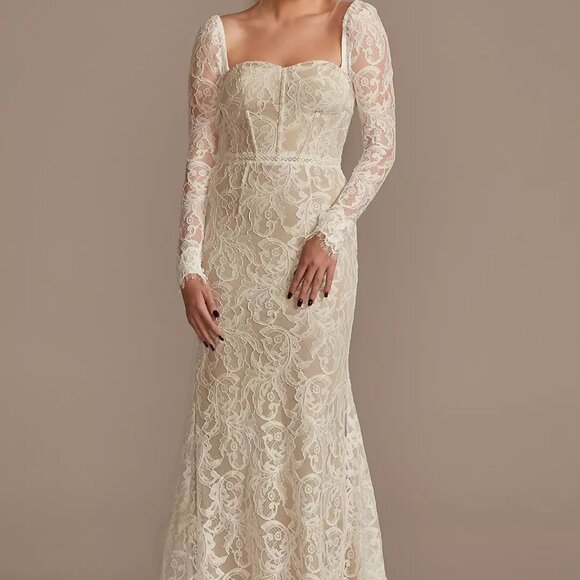 DB Studio Ivory Bisque Lace Sheath Wedding Dress with Detachable Sleeves, Size 6 - Picture 2 of 16